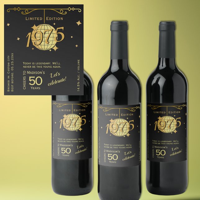 Étiquette Pour Bouteilles De Vin Né en 1975 50e anniversaire soirée élégante vin Ét (Créateur téléchargé)