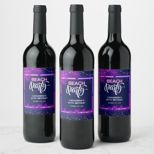 Étiquette Pour Bouteilles De Vin Neon Lights Palm Beach Night Party Anniversaire (Bouteilles)