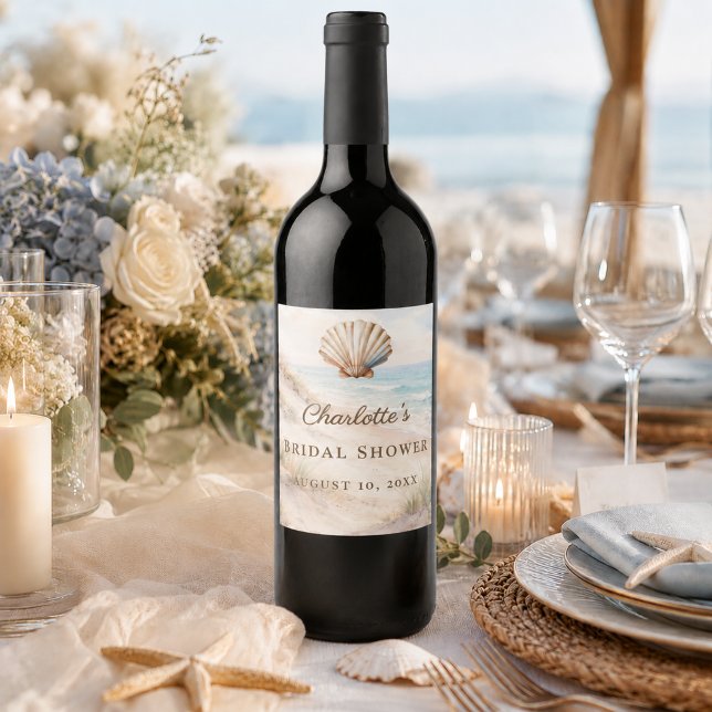 Étiquette Pour Bouteilles De Vin Noce Plage côtière coquillages (Créateur téléchargé)
