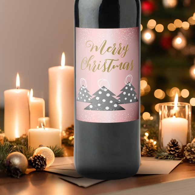 Étiquette Pour Bouteilles De Vin Noël Arbre métallique Pink Script Holiday (Créateur téléchargé)