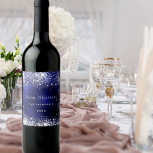 Étiquette Pour Bouteilles De Vin Noël bleu blanc parties scintillant poussière arge