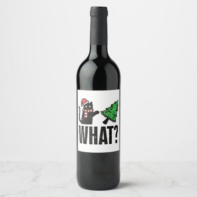 Étiquette Pour Bouteilles De Vin Noël Chat Tipping Xmas Tree Drôle (Devant)
