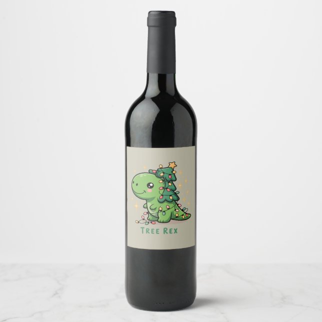 Étiquette Pour Bouteilles De Vin Noël Dinosaure Fête Lumière Drôle Arbre Rex (Devant)