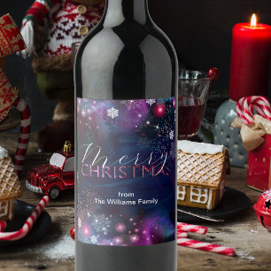 Étiquette Pour Bouteilles De Vin Noël Élégant Rose Bleu Magique d'Hiver Fêtes