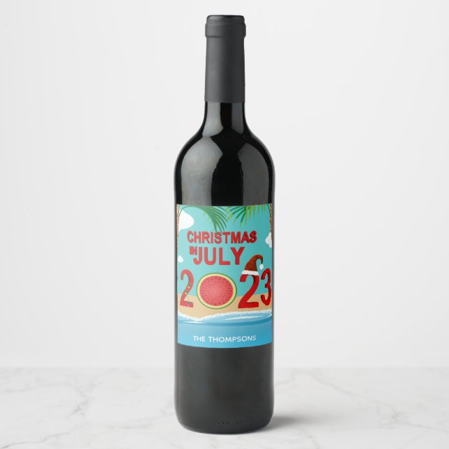 Étiquette Pour Bouteilles De Vin Noël en juillet 2023 Watermelon Beach (Devant)