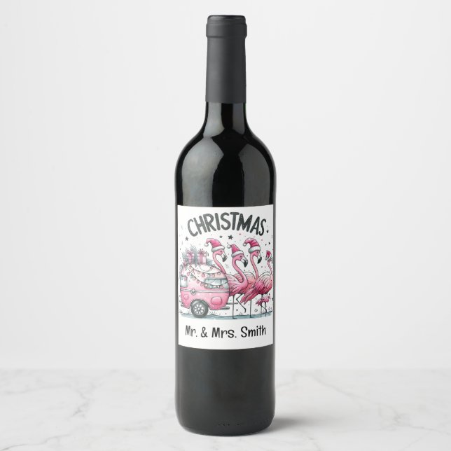 Étiquette Pour Bouteilles De Vin Noël Flamant Rose (Devant)