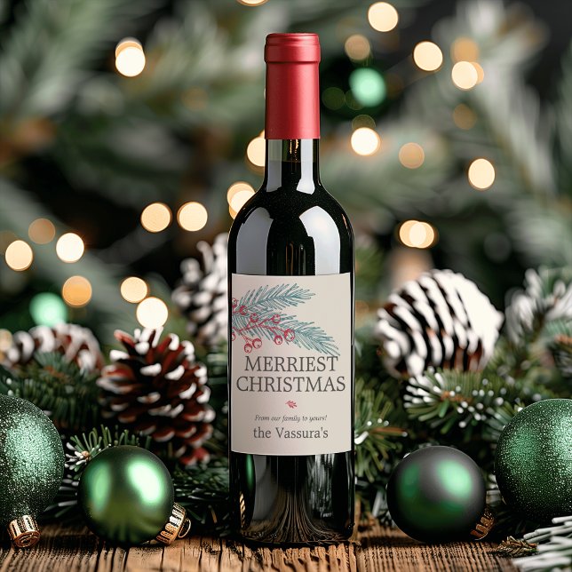 Étiquette Pour Bouteilles De Vin Noël hiver Sprig Berry verdure (Christmas Winter Sprig Berry Greenery Wine Label)