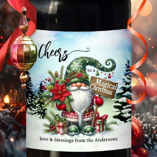 Étiquette Pour Bouteilles De Vin Noël magique Gnome Whimsical mignon