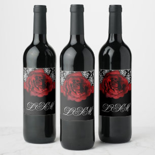 Étiquette Pour Bouteilles De Vin Noël Mariage damassé Vin Étiquette Rose Rouge