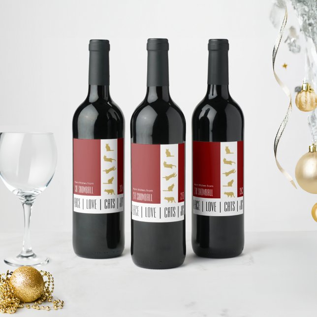 Étiquette Pour Bouteilles De Vin Noël Moderne Chat Rouge Blanc Or (Créateur téléchargé)
