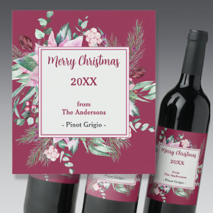 Étiquette Pour Bouteilles De Vin Noël rose floral et bourgogne