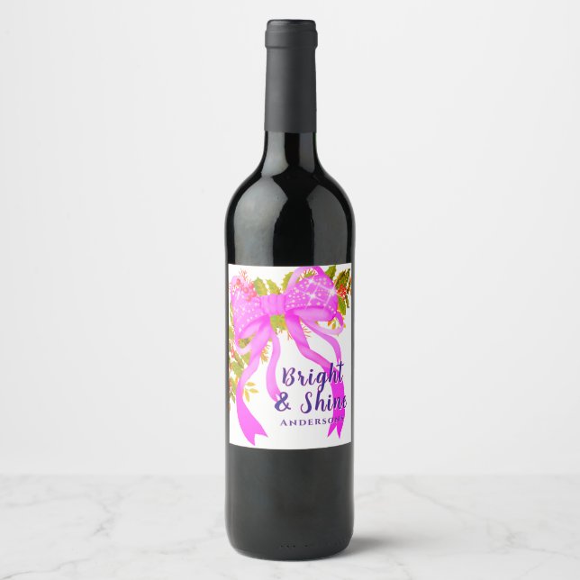 Étiquette Pour Bouteilles De Vin Noël rose rayonnant (Devant)