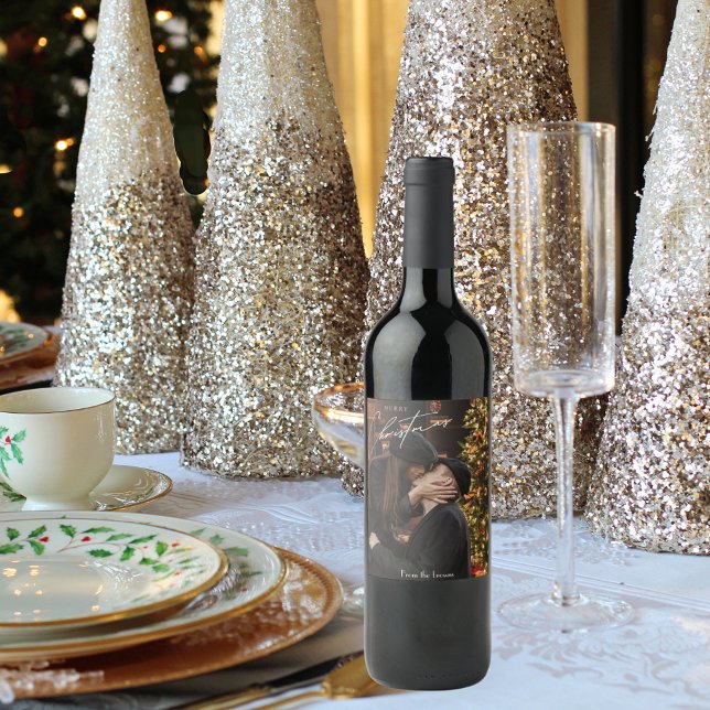 Étiquette Pour Bouteilles De Vin Noël tendance moderne | Photo romantique en couple (Créateur téléchargé)