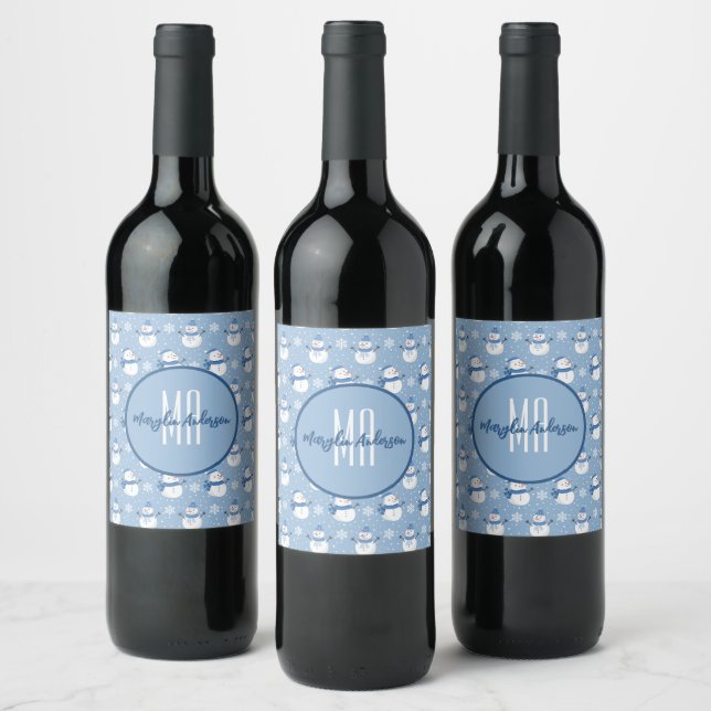 ÉTIQUETTE POUR BOUTEILLES DE VIN NOËL VACANCES HIVER SNOWMEN MONOGRAM PERSONNALISÉ (Bouteilles)