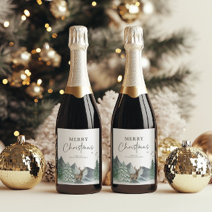 Étiquette Pour Bouteilles De Vin Noël Vert Forêt de Pins Aquarelle Fêtes