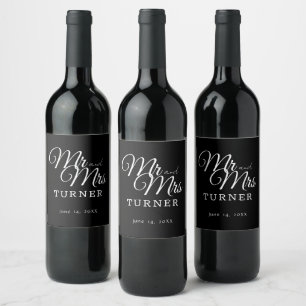 Étiquette Pour Bouteilles De Vin Noir et blanc M. et Mme Mariage