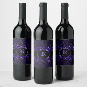 Étiquette Pour Bouteilles De Vin Noir et violet orné gothique monogrammé