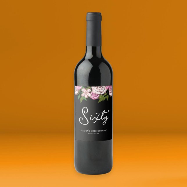 Étiquette Pour Bouteilles De Vin Noir moderne 60e anniversaire Floral (Créateur téléchargé)