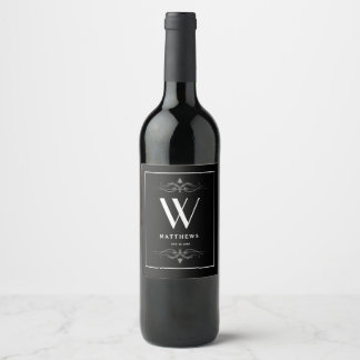 Étiquette Pour Bouteilles De Vin Noir moderne Monogramme personnalisé et nom Vin L