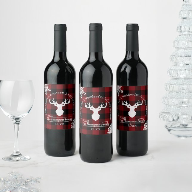 Étiquette Pour Bouteilles De Vin Noir rouge et noir Buffalo plaid Noël (Créateur téléchargé)