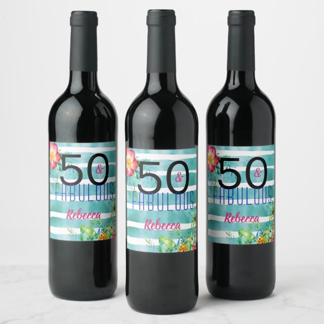 Étiquette Pour Bouteilles De Vin Nom 50 et fabuleux Tropical Floral 50e anniversair (Bouteilles)