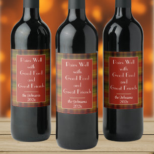 Étiquette Pour Bouteilles De Vin Nom Année Citation, Motif Carreaux d'Automne, Lot
