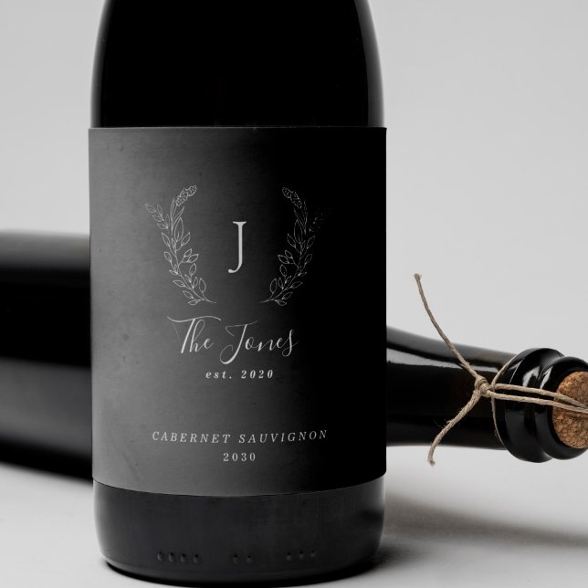 Étiquette Pour Bouteilles De Vin Nom de famille Monogram modèle noir et blanc (Créateur téléchargé)