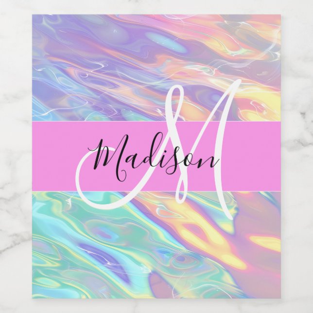 Étiquette Pour Bouteilles De Vin Nom de monogramme holographique iridescent rose fé (Étiquettes simples)