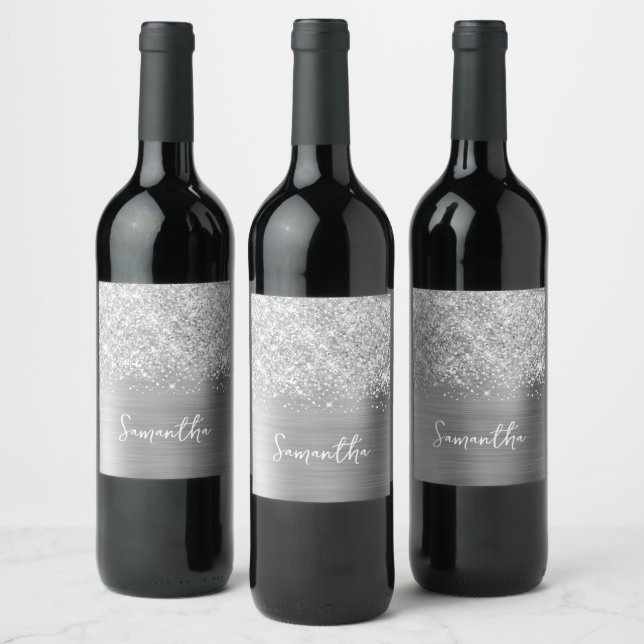 Étiquette Pour Bouteilles De Vin Nom de script Glam argenté pailleté (Bouteilles)