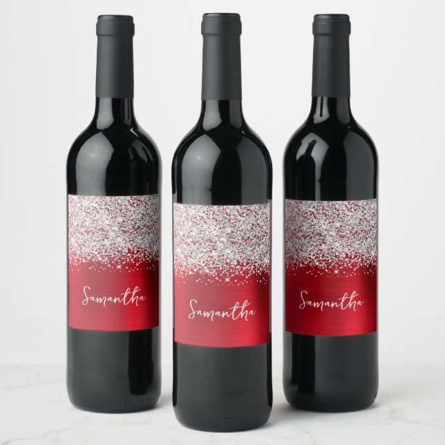 Étiquette Pour Bouteilles De Vin Nom de script glamour argent rouge scintillant (Bouteilles)