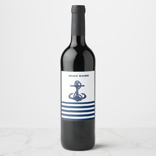 Étiquette Pour Bouteilles De Vin Nom du bateau nautique, Ancre Bleu Bleu Bleu Blanc (Devant)