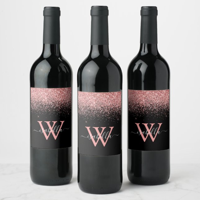 Étiquette Pour Bouteilles De Vin Nom élégant en script rose monogrammé (Bouteilles)
