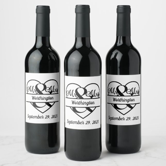 Étiquette Pour Bouteilles De Vin Nom Monogramme Date Cœur Mariage  (Bouteilles)