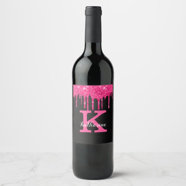 Étiquette Pour Bouteilles De Vin Nom Monogramme Fille Fucsia Pailleté Gouttes (Devant)