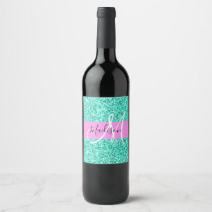 Étiquette Pour Bouteilles De Vin Nom Monogramme Paillettes Turquoise Rose Glamour
