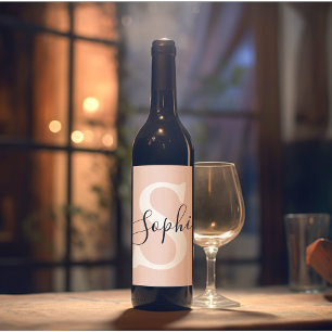 Étiquette Pour Bouteilles De Vin Nom personnalisé moderne Monogram Pastel Rose