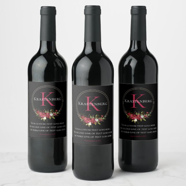Étiquette Pour Bouteilles De Vin Nom personnalisé Monogramme Fleurs Rouges d'Hiver (Bouteilles)