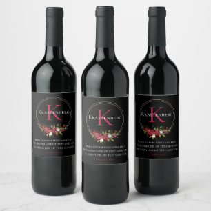 Étiquette Pour Bouteilles De Vin Nom personnalisé Monogramme Floral Rouge Hiver