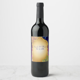 Étiquette Pour Bouteilles De Vin Nuit arabe de lune bleue Glam or violet Mariage