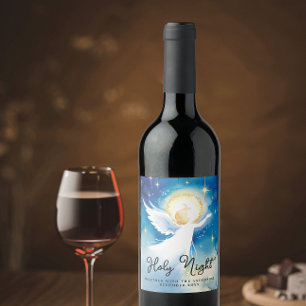 Étiquette Pour Bouteilles De Vin Nuit Sainte Élégante Ange Gardien Aquarelle Bleue