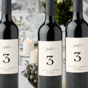 Étiquette Pour Bouteilles De Vin Numéro de table de mariage minimaliste noir et ivo
