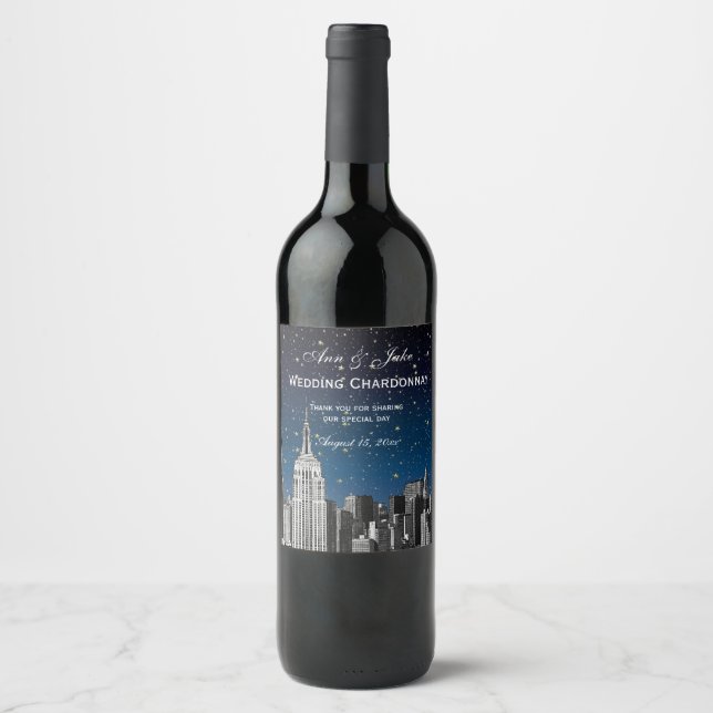 Étiquette Pour Bouteilles De Vin NYC Skyline Etché #2 Starry Blue Gradient BG (Devant)