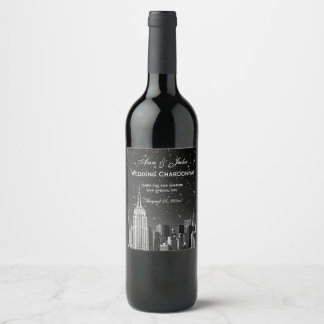 Étiquette Pour Bouteilles De Vin NYC Skyline Etted #2 Starry Black Gradient BG