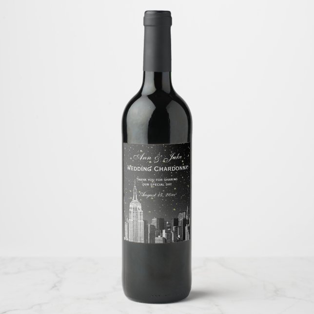 Étiquette Pour Bouteilles De Vin NYC Skyline Etted #2 Starry Black Gradient BG (Devant)