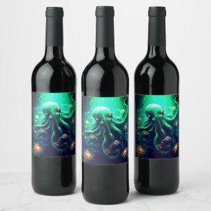 Étiquette Pour Bouteilles De Vin Octopus Mythique Nautique Sous Les Créatures Mer