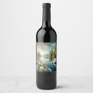 Étiquette Pour Bouteilles De Vin OEuvre d'art printanière du lac des cygnes floraux