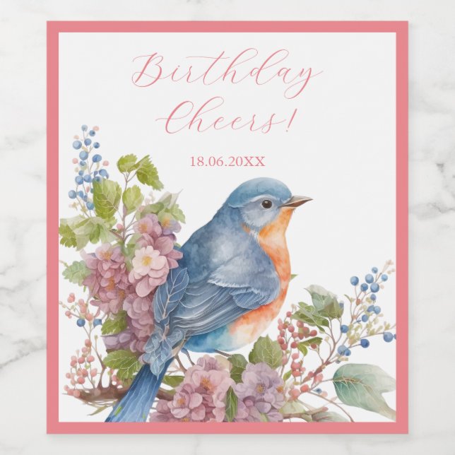 Étiquette Pour Bouteilles De Vin Oiseau et fleurs bleu romantique (Étiquettes simples)