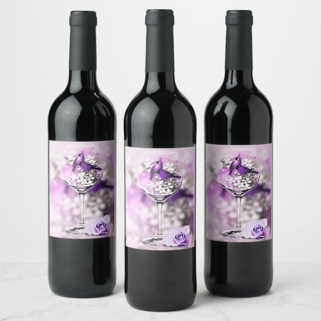 Étiquette Pour Bouteilles De Vin Oiseaux cardinaux violets dans un verre de vin cri (Bouteilles)