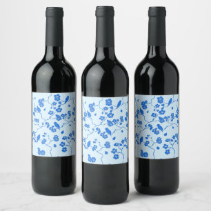 Étiquette Pour Bouteilles De Vin Oiseaux sur fleurs de cerisier bleu sur bleu