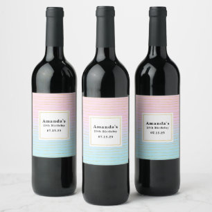 Étiquette Pour Bouteilles De Vin Ombre bleu rose avec lignes or mince Anniversaire